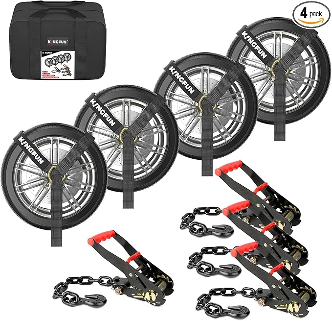Kingfun Car Tie Down Straps for Trailers 4 Pack Lasso Straps - 2" x 120" Heavy Duty Trailer Strap, 10,000 lb Break Strength, Over The Wheel for Car Hauler, Truck, UTV, Utility Trailers