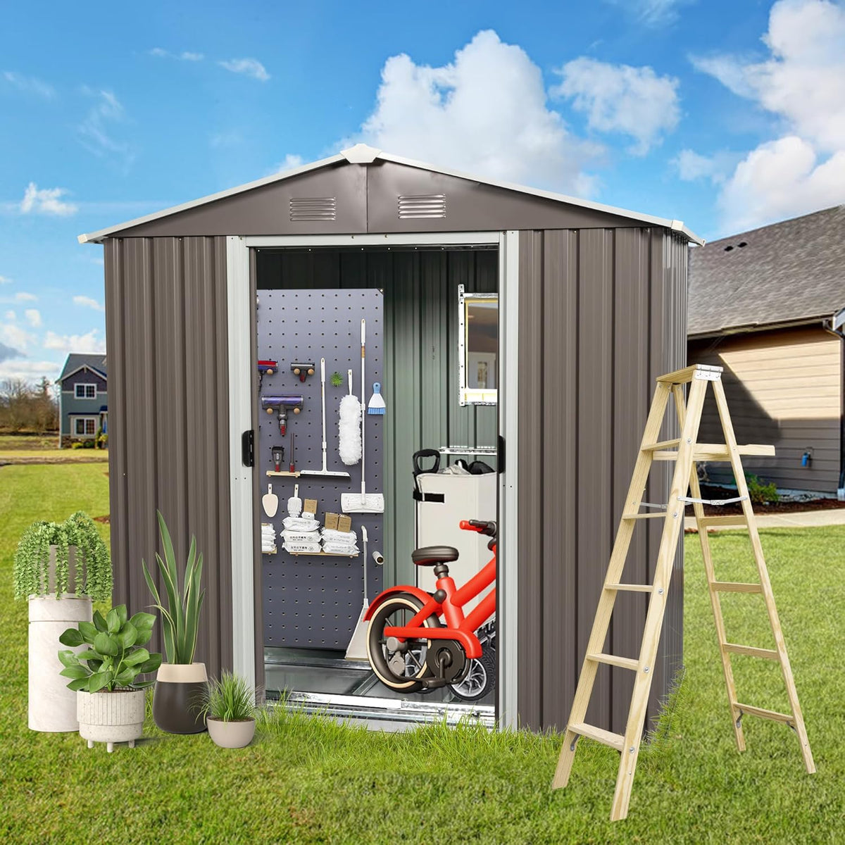 8 x 4 FT Outdoor Storage Shed, Large Metal Utility Garden Shed with Sliding Doors Sliding Doors, Waterproof Sloping Roof, Air Vents, Tool Storage House for Backyard Lawn, Gray