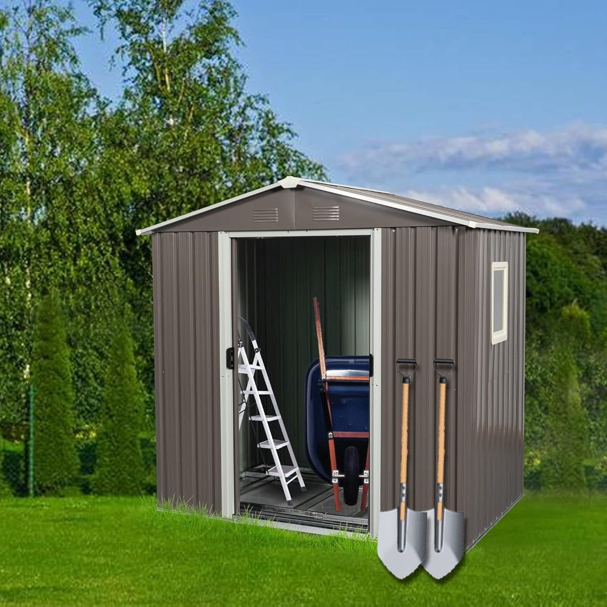 6x5 FT Outdoor Storage Shed, Metal Garden Shed with Frame Floor, Outside Tool Shed with Window, Waterproof Storage Building with Lockable Sliding Doors & Sloped Roof for Backyard, Patio, Warm Gray