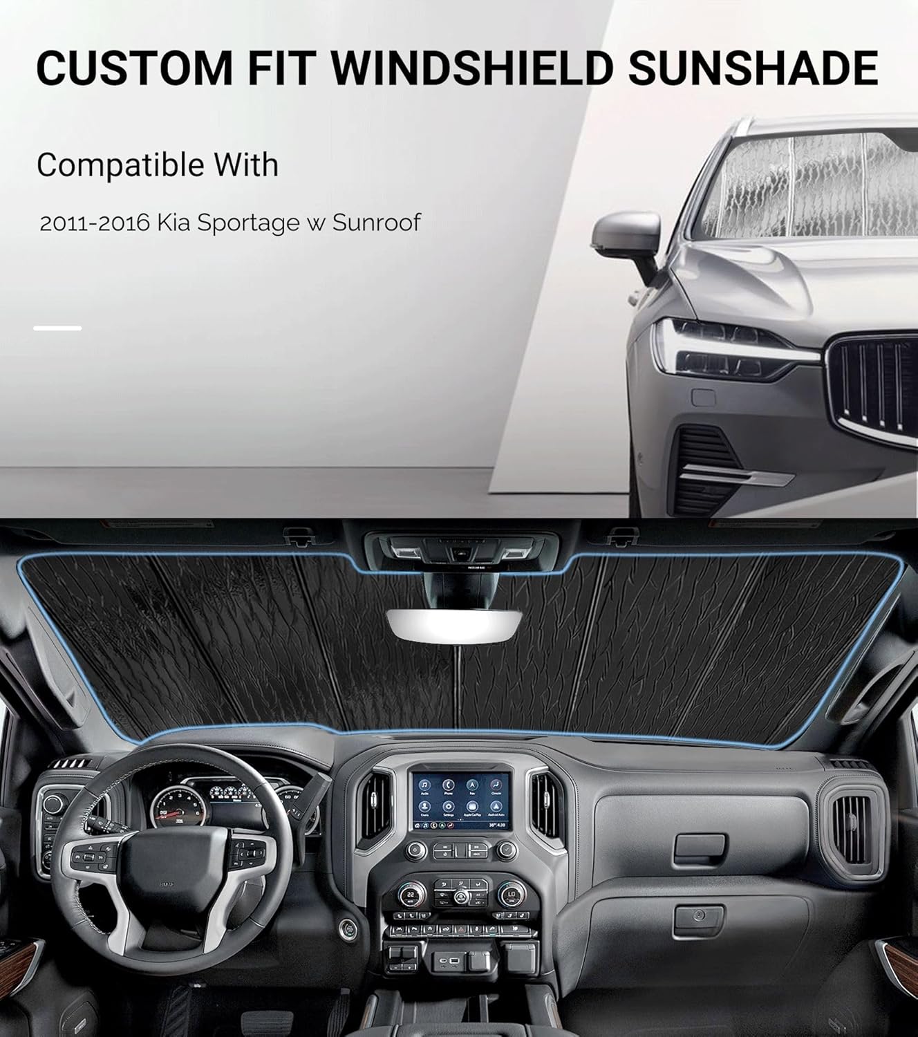 Windshield Sun Shade for Kia Sportage 2011-2016,Front Window Sunshade Shield, 2-in-1 Reflective Sun Shade,Silver for Summer, Black for Winter