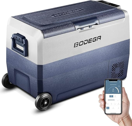 BODEGACOOLER 12 Volt Car Refrigerator,53 Quart Portable Freezer,Dual Zone Car Fridge APP Control,-4℉-68℉ RV Electric Compressor Cooler 12/24V DC 100-240V AC for Outdoor,Camping,Travel,Road Trip