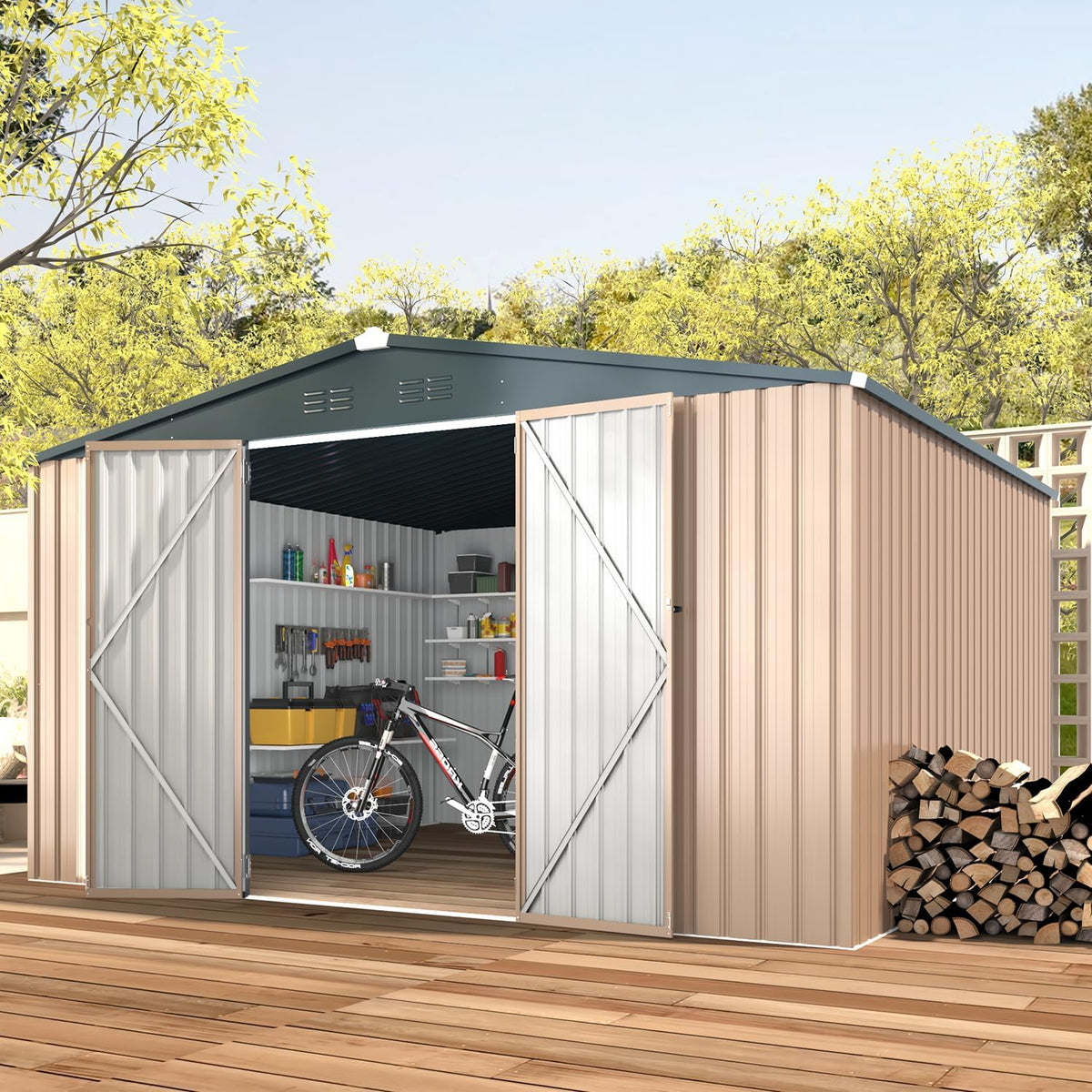 U-MAX 12' x 10' Metal Storage Shed for Ourdoor, Extra Large Yard Steel Shed (116 Sq.Ft Land) with Design of Lockable Doors, Tool and Utility Storage for Backyard, Garden, Patio, Outside use