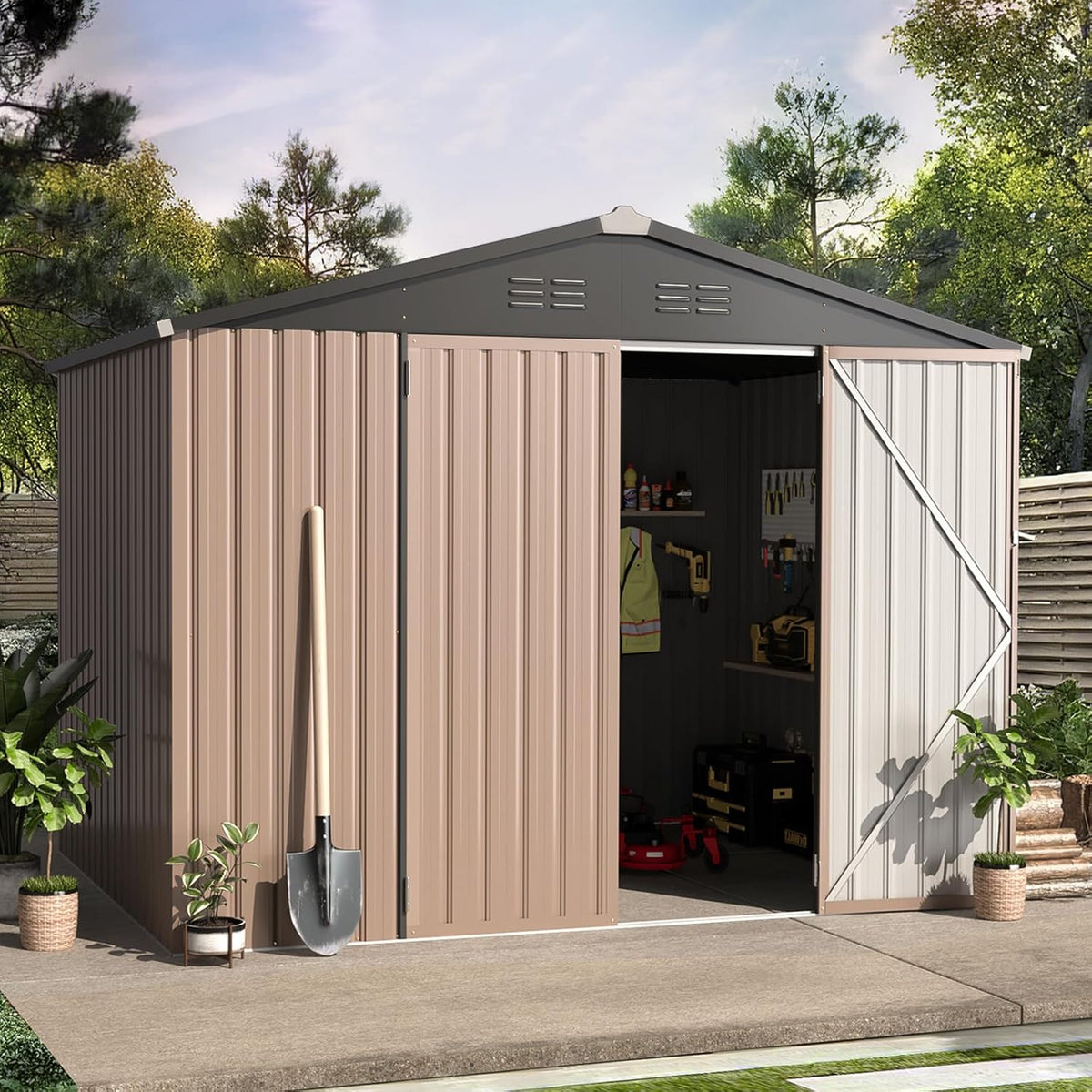 AECOJOY 8' x 6' Metal Storage Shed for Outdoor, Steel Backyard 6x8 Sheds & Outdoor Storage with Lockable Doors, Utility and Tool Storage for Garden, Backyard, Patio, Outside use