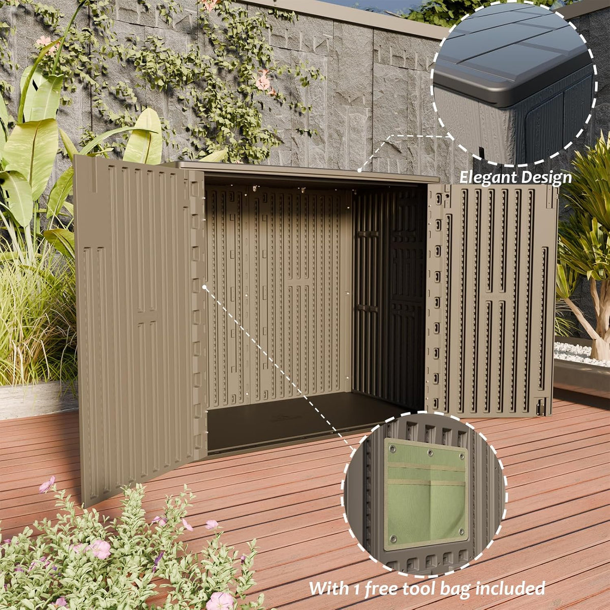 HOMSPARK 37 Cu.Ft Outdoor Storage Shed Weather Resistant, Multi Functional | Double-Wall Resin Storage Sheds & Outdoor Storage Box Waterproof for Backyard Garden Patio Lawn (Shallow Coffee)