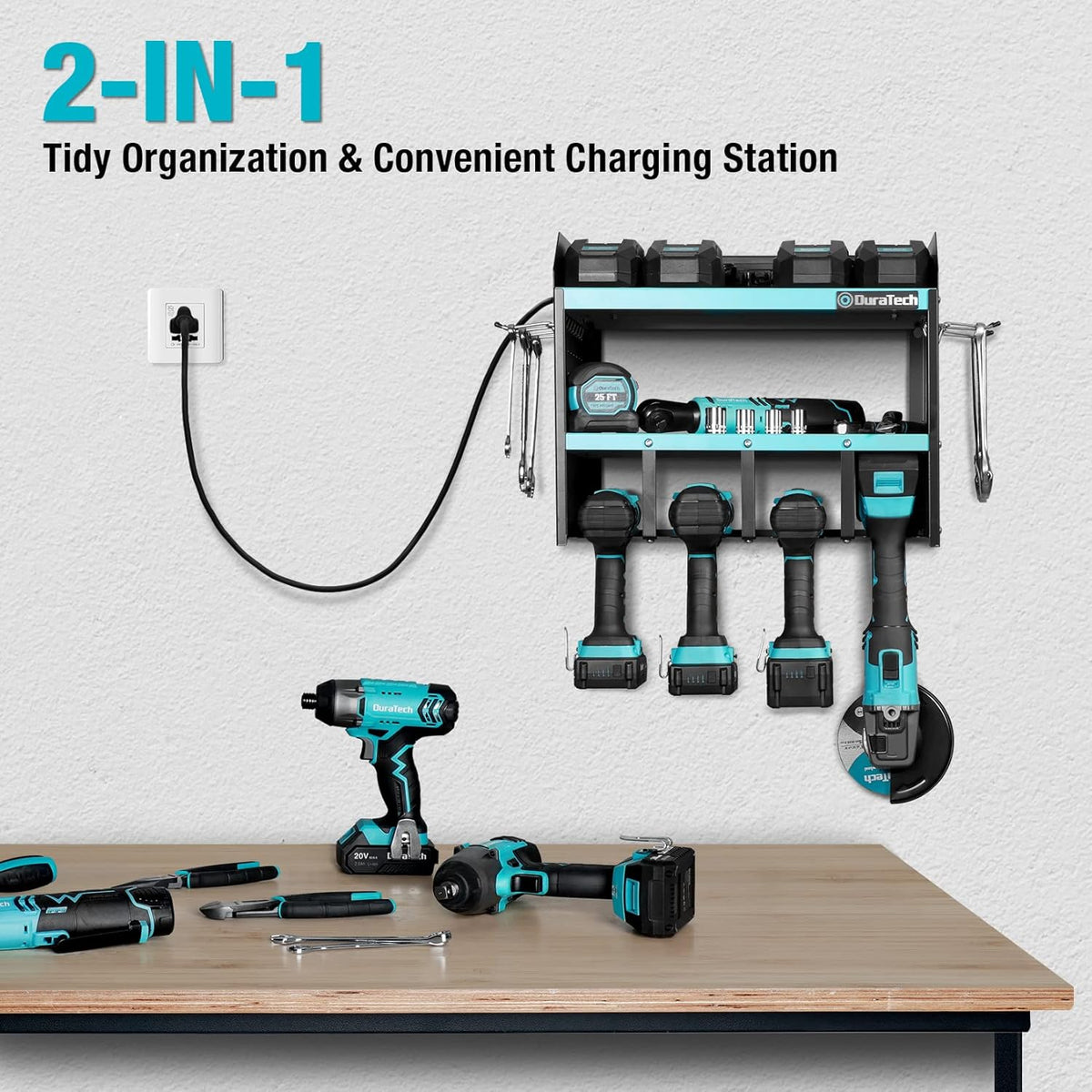 DURATECH Power Tool Organizer Wall Mount with Power Strip, Carbon Steel, Blue, 16.8in Width, 10.9in Depth, 14in Height
