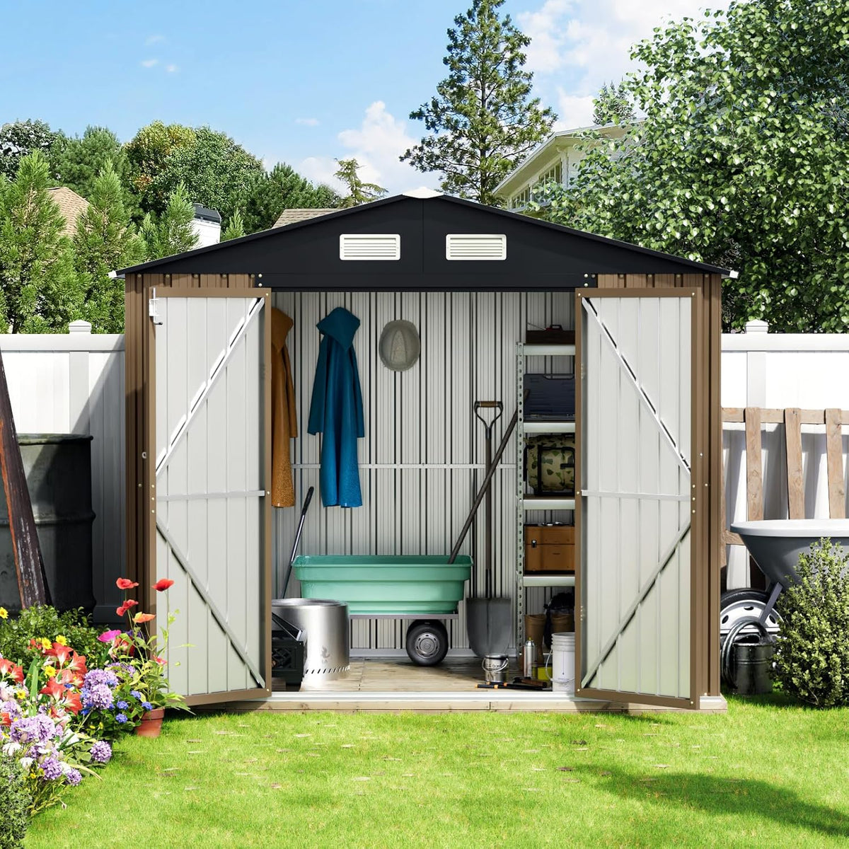 8X6FT Outdoor Steel Storage Shed with Lockable Doors, One Big Window,Ideal for Garden, Backyard, Patio Storage,Brown