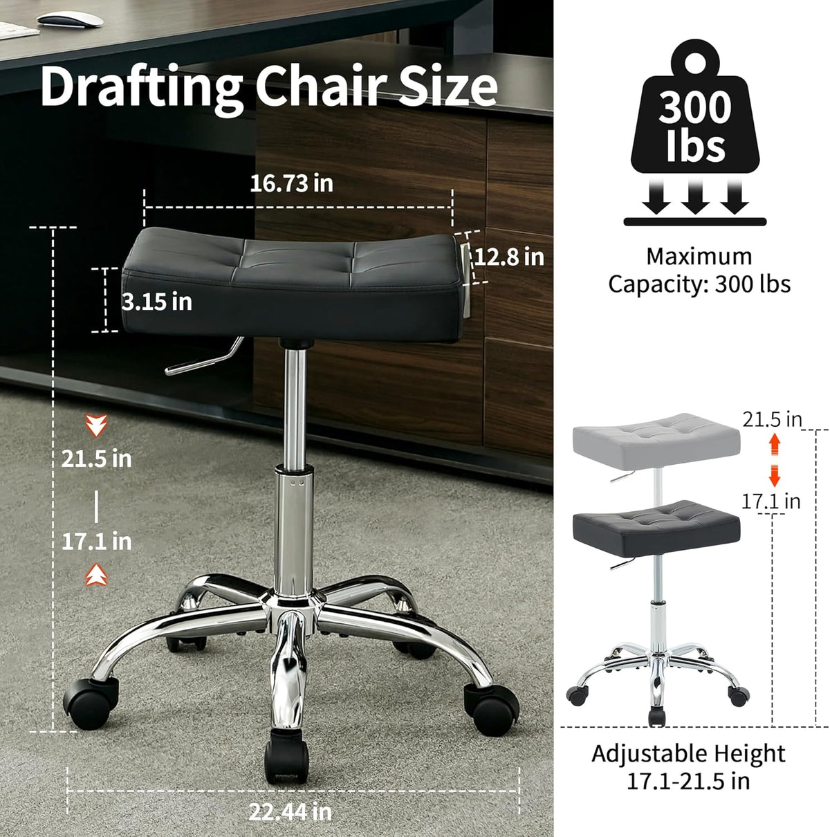 Office Stool with Wheels (300lbs Capacity) (Adjustable Height 17-21 inch) Black Faux Leather Workbench Stool (Black)