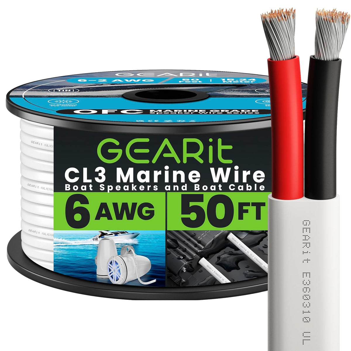 GEARit 6 Gauge Marine Wire, 6/2 AWG (50ft) Marine Grade Tinned Copper Oxygen Free, Duplex 2-Conductor Insulated Red & Black Electrical Cable for Boat, Automotive, RV, Camper, Trailer