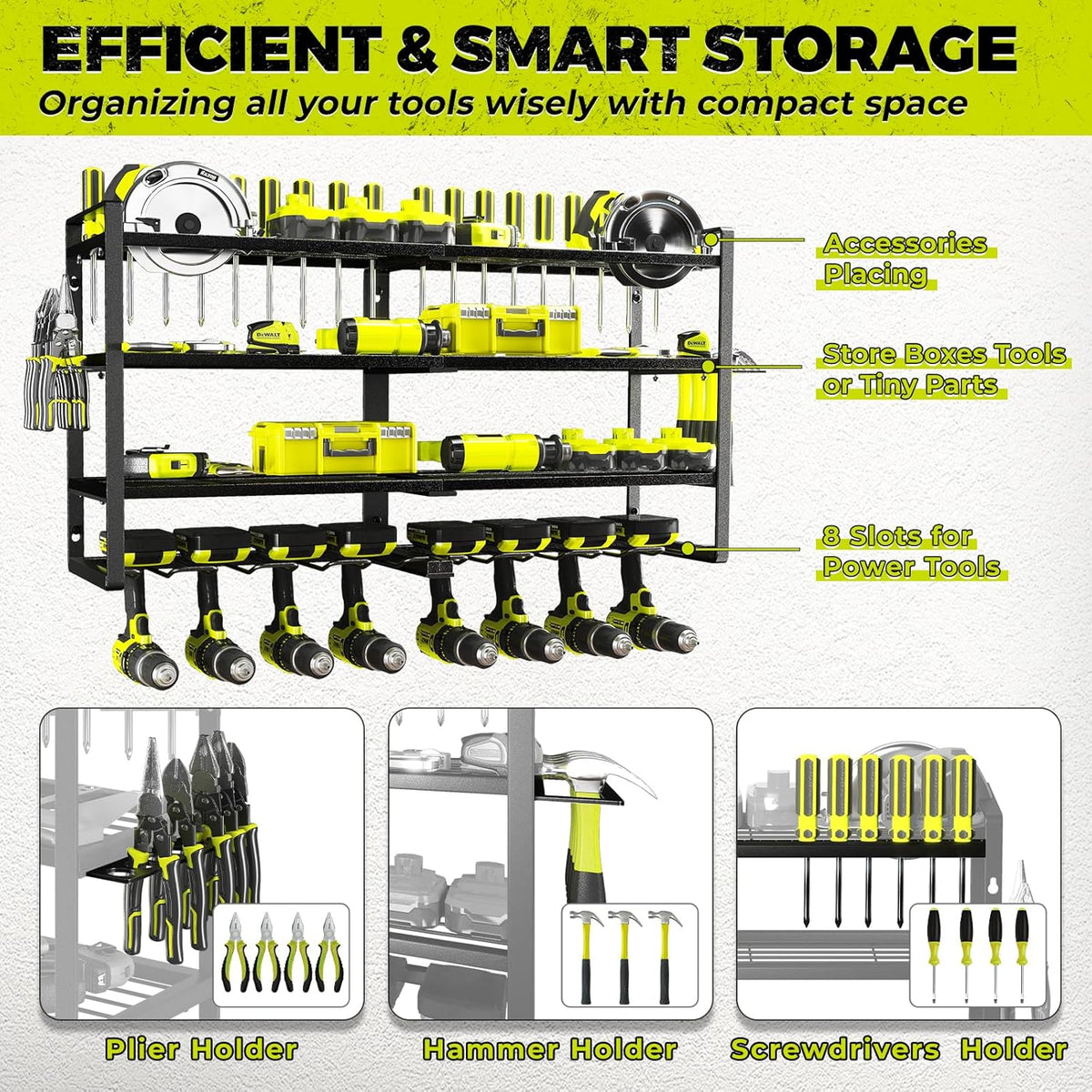 KAFAHOM Power Tool Organizer-8 Drill Holder Wall Mount,4 Layer Heavy Duty Metal Power Tool Storage Rack,Garage Tool Organizer and Storage with Screwdriver Holder/Plier Holder/Hammer Holder