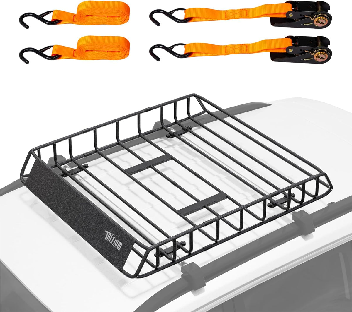 TUFFIOM 46"x 36"x 6" Universal Rooftop Cargo Carrier Basket, Heavy Duty Steel Roof Rack Basket w/4 Straps with Hook, Car Top Rack Luggage Holder Carrier for SUV Car Truck Van