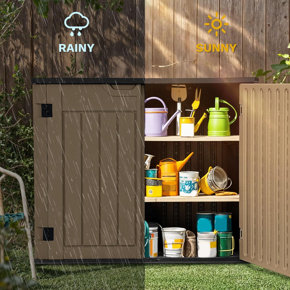 DWVO 47 cu ft Spacious Horizontal Storage Unit, Outdoor Resin Tool Locker Without Shelf, Waterproof Lockable Container with Base for Gardening, Waste Bins, Grass Cutter, 4.5x2.8x3.9 ft, Brown