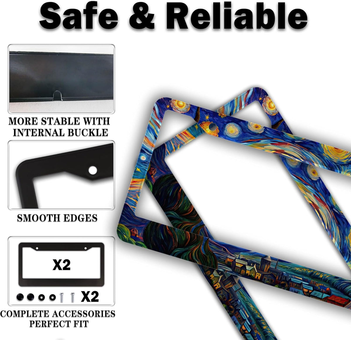 License Plate Frame Multicolor License Plate Holder The Starry Night Universal Aluminum Car Accessory 2 Pack with Screw Covers Set