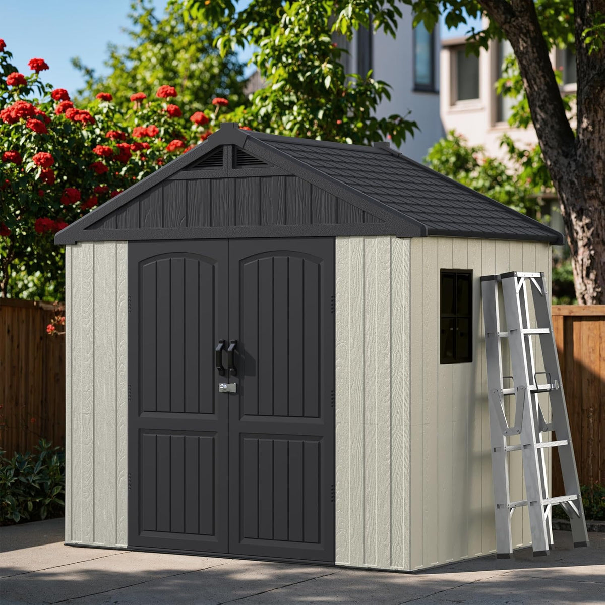 Greesum 8×6 FT Plastic Outdoor Storage Shed with Floor, Resin Sheds with Window and Lockable Door, Weather Resistant Organization for Garden, Lawn, Pool Supplies, Beige