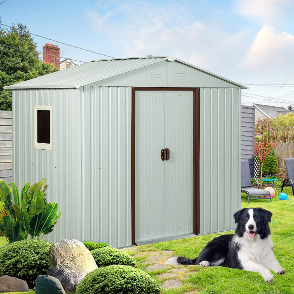 6x5 FT Outdoor Storage Shed, Metal Garden Shed with Frame Floor, Outside Tool Shed with Window, Waterproof Storage Building with Lockable Sliding Doors & Sloped Roof for Backyard, Patio, White
