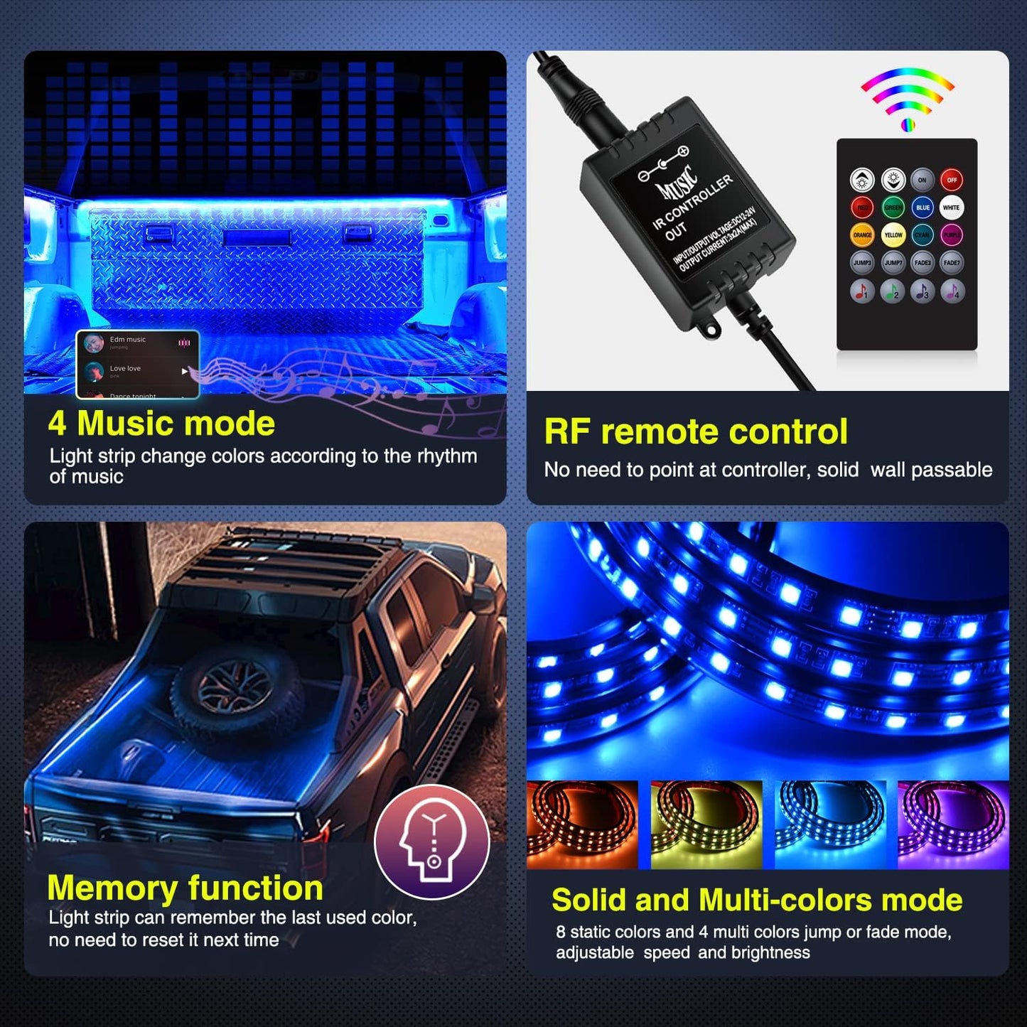 Nilight 3PCS 60 Inch RGB Truck Bed Light Strip Kit 270 LED Neon Accent Lights with RF Remote On Off Switch Splitter Extension Cable for Cargo Pickup Truck Camper RV SUV Boat
