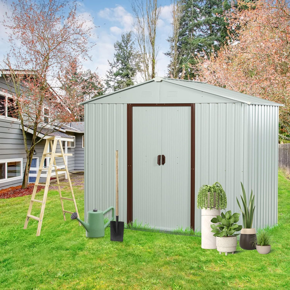 6x5 FT Outdoor Storage Shed, Metal Garden Shed with Frame Floor, Outside Tool Shed with Lockable Sliding Doors, Waterproof Storage Building with Sloped Roof for Backyard, Patio, Lawn, White