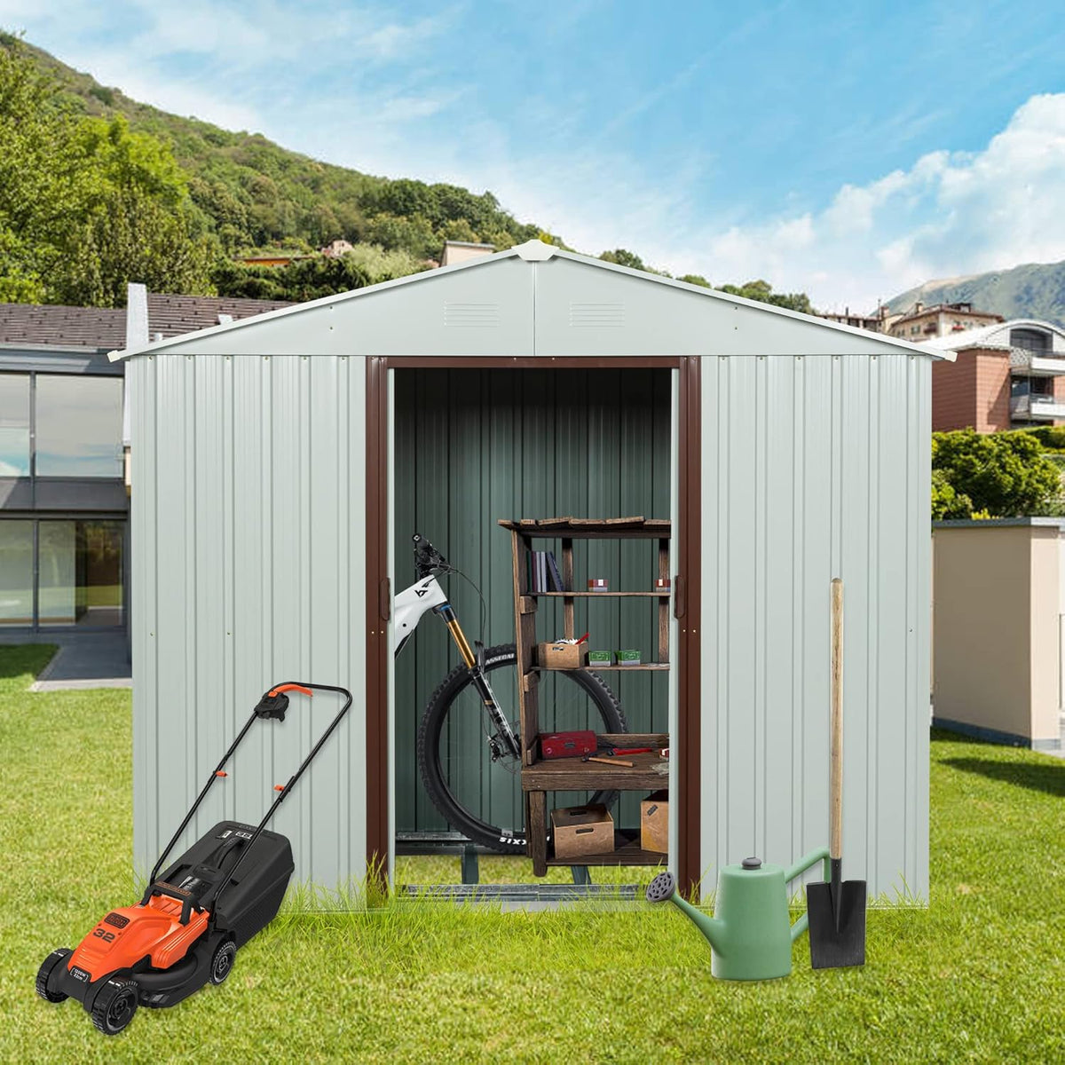 4x8 FT Outdoor Storage Shed, Metal Garden Shed with Frame Floor, Outside Tool Shed with Lockable Sliding Doors, Waterproof Storage Building with Sloped Roof for Backyard, Patio, Lawn, White