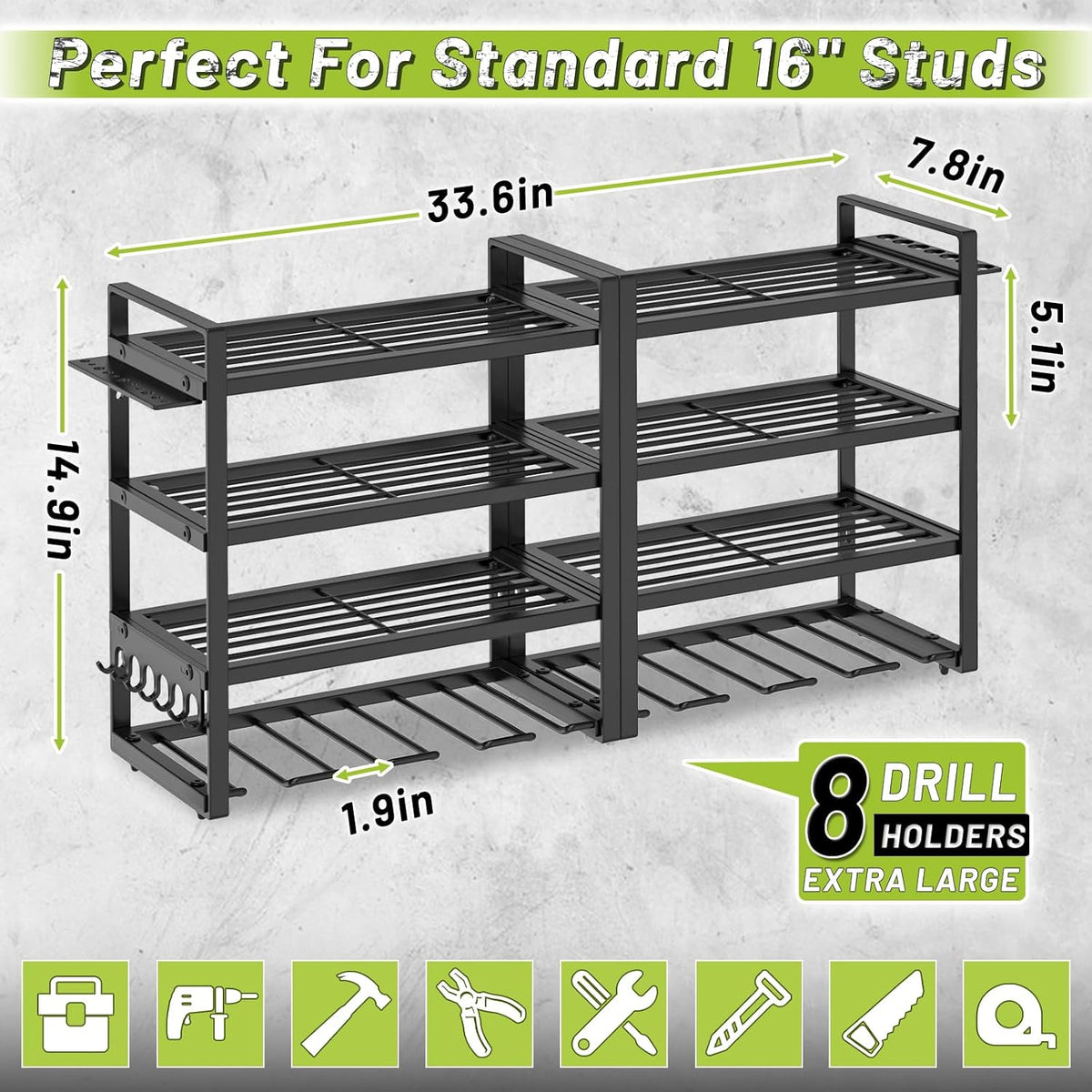 Power Tool Organizer Wall Mount,4 Layers Capacity Heavy Duty Metal Storage Rack with 8 Drill Holders for Drills Cordless Tools,Garage Organizer Suitable Workshop Basement