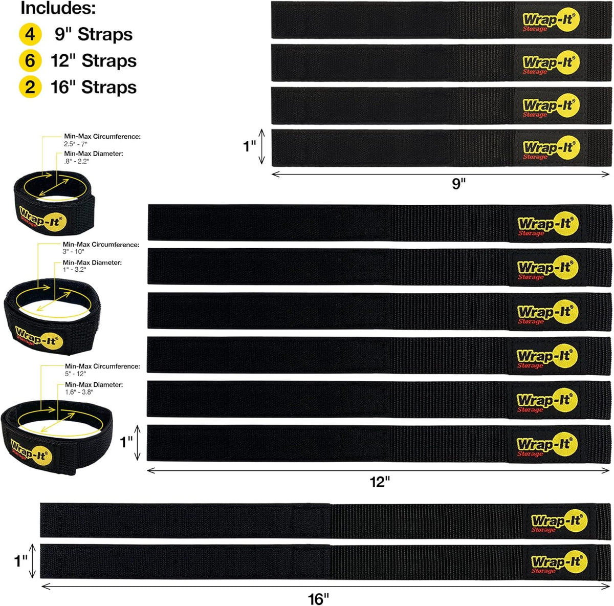 Quick-Straps by Wrap-It Storage - Assorted 12-Pack (Black) - Hook and Loop Hose and Cable Organizers