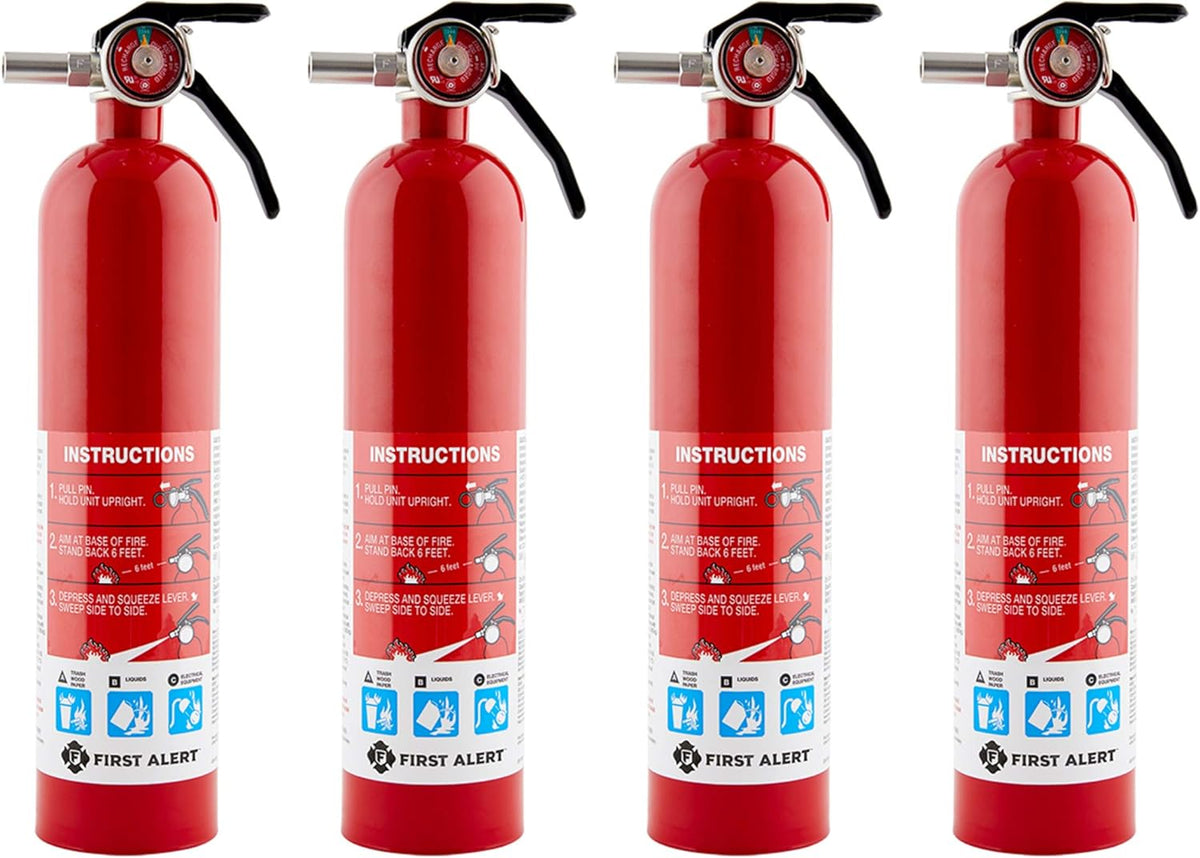 First Alert Fire Extinguisher for Home, Standard Rechargeable Compliance Unit, UL RATED 1-A:10-B:C, HOME1-4, Red, 4-Pack