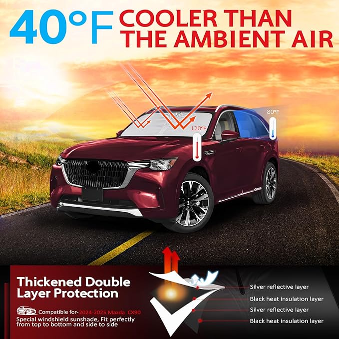 KAYZT Windshield Sun Shade for 2024-2025 2026 Mazda CX-90 CX90 Foldable Sunshade Front Window Custom Fit Car Accessories