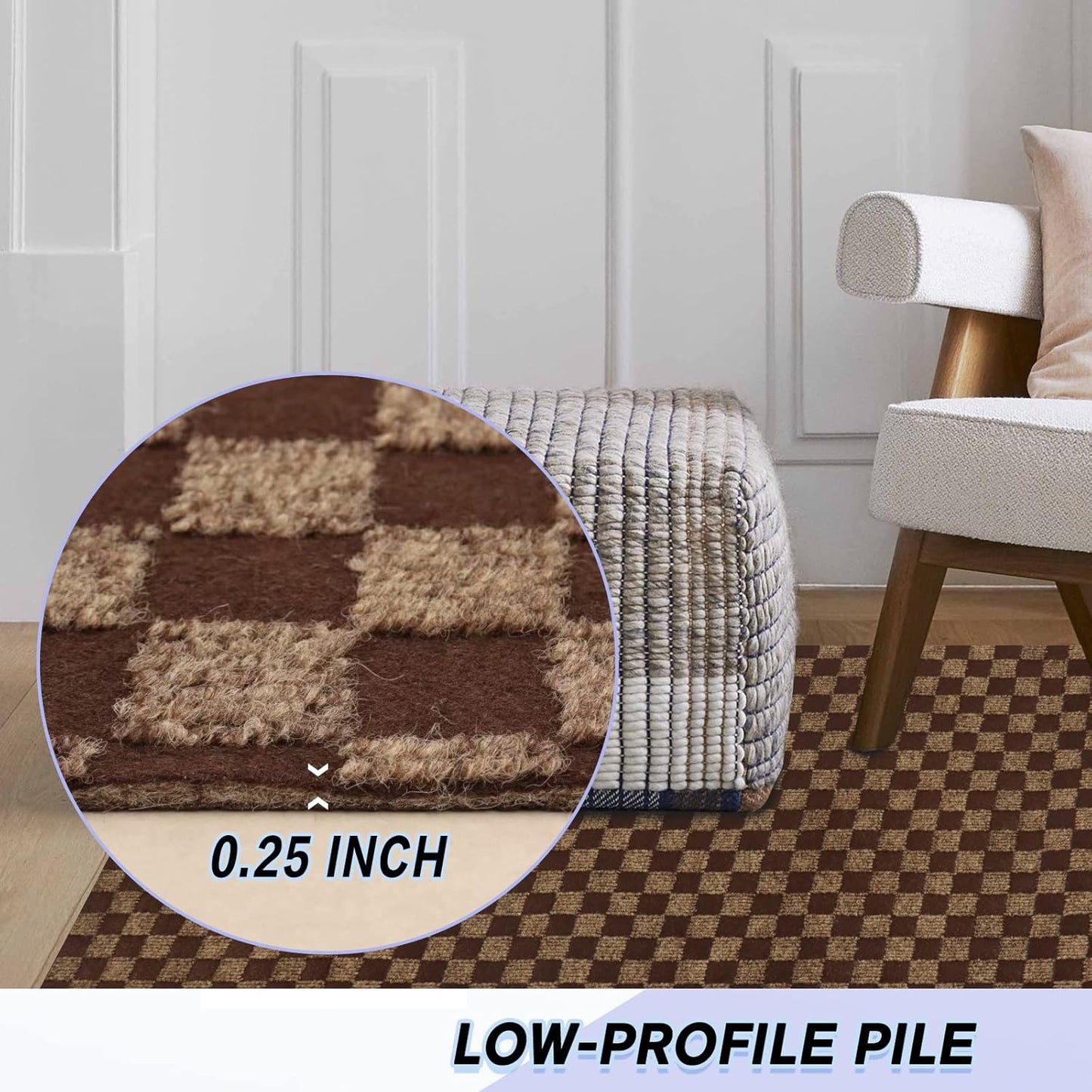 Custom Size Backed Non-Slip Area Rugs Runner, Easy Clean, Waterproof Runner Rugs for Hallway Entryway, Kitchen, Laundry, 3FT x 48FT, Brown Checkered