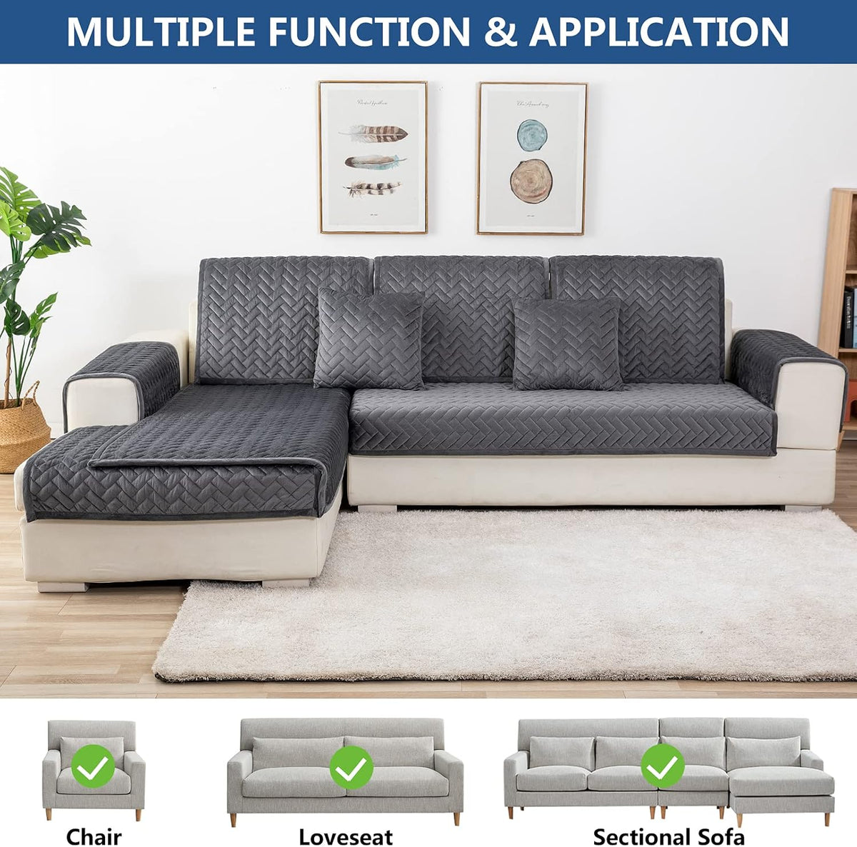 Eismodra Couch Cover,Sectional Couch Covers,Sofa Covers for 3 Cushion Couch,Anti-Slip Sofa Slipcovers for Dogs Cats Kids Loveseat Recliner L Shaped Armrest Backrest,Dark Gray 36''x94''(Only 1 Piece)