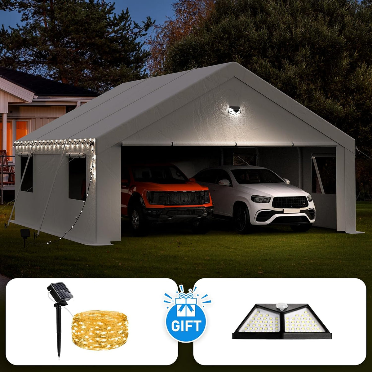 20x20 Carport, Heavy Duty Carport Canopy Garage with Removable Sidewalls and Drive Through Roll Up Zipper Doors, White