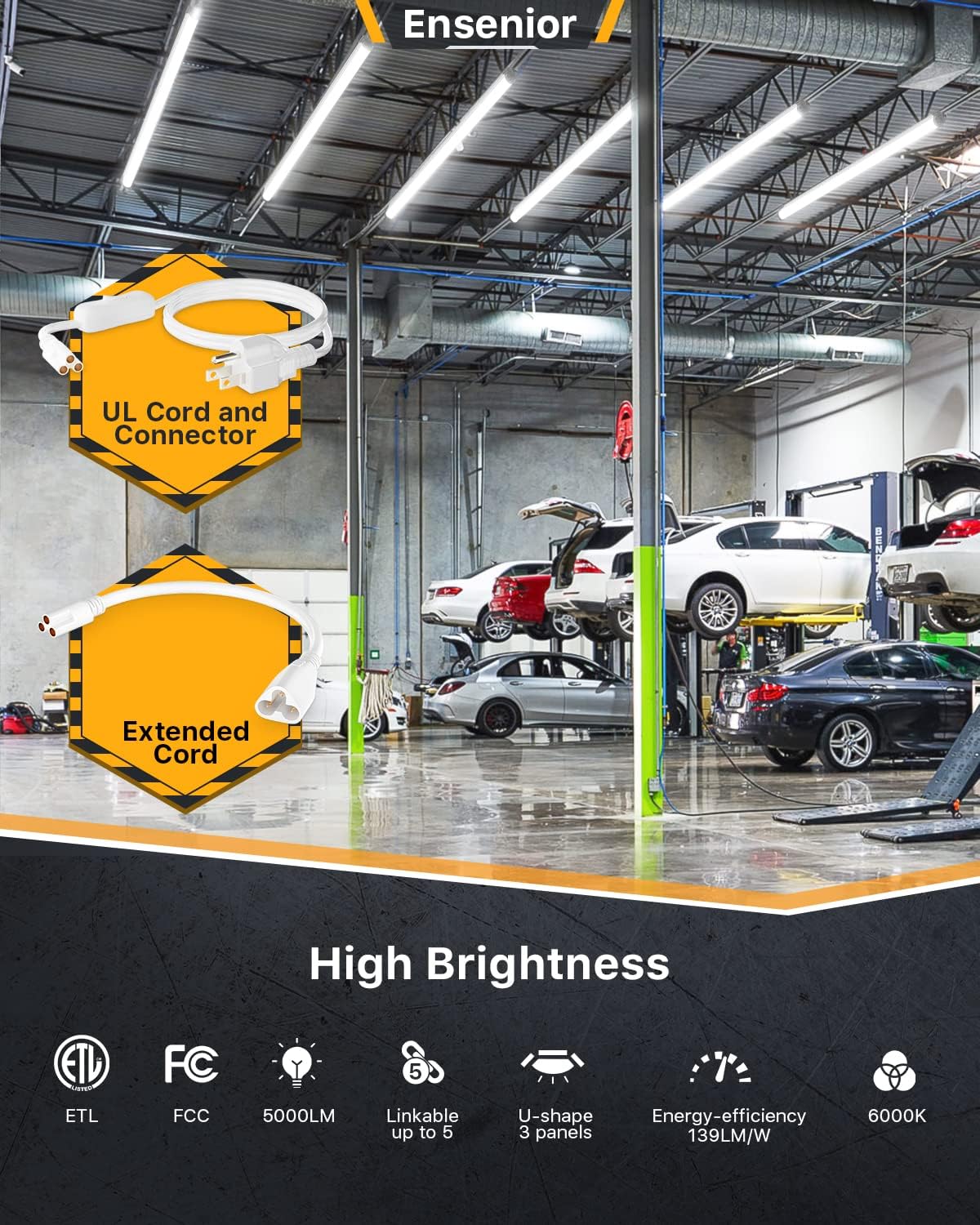 Ensenior 10 Pack 4 FT Led Shop Lights, 6000K Clear White, 5000LM Super Bright, 36W Equivalency 468W, Commercial Bay Lighting, U-Shaped Linkable Shop Lights Plug in for Garage, Workshop, FCC Certified