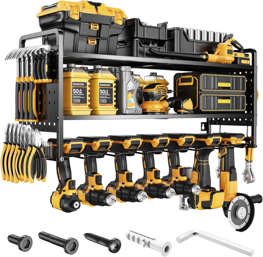 LBT Large Power Tool Organizer Wall Mount with Pegboard, Heightening Garage Power Tool Storage with 7 Cordless Drill Holder, Heavy Duty Metal Tool Shelf Battery Storage, Gifts For Men Father Husband
