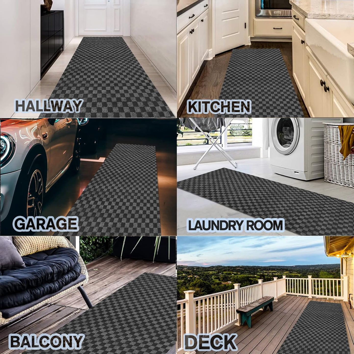 Custom Size Backed Non-Slip Area Rugs Runner, Easy Clean, Waterproof Runner Rugs for Hallway Entryway, Kitchen, Laundry, 3FT x 62FT, Gray Checkered