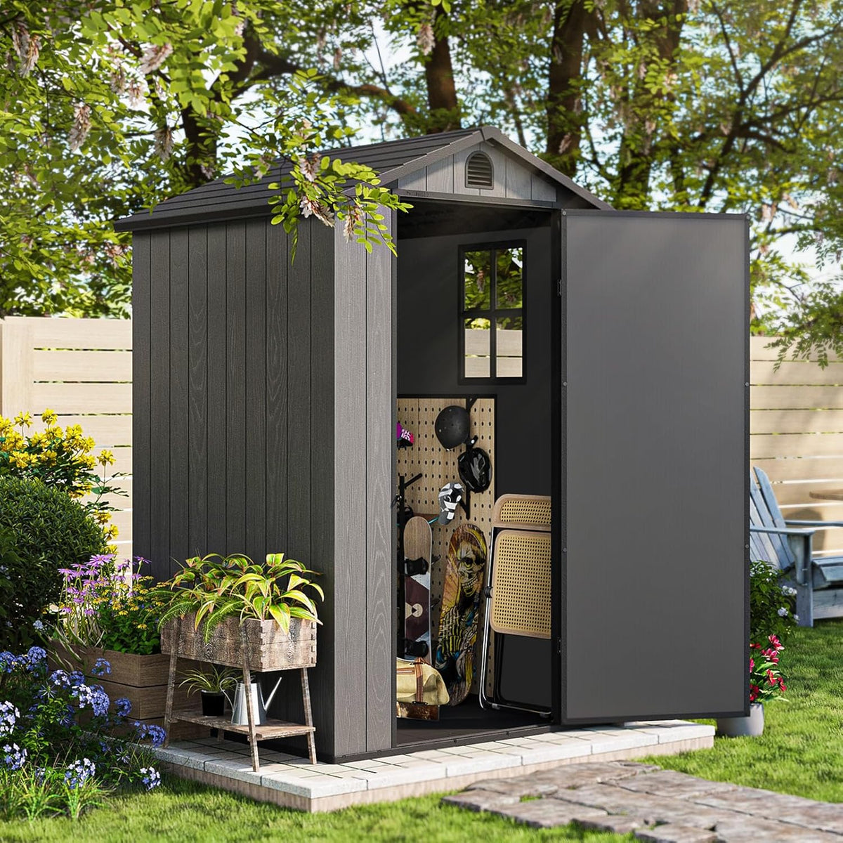 Patiowell 4' x 4' Plastic Outdoor Storage Shed with Floor, Resin Outside Tool Shed with Window and Lockable Door for Backyard Garden Patio Lawn, Gray (Fit-it Shed)