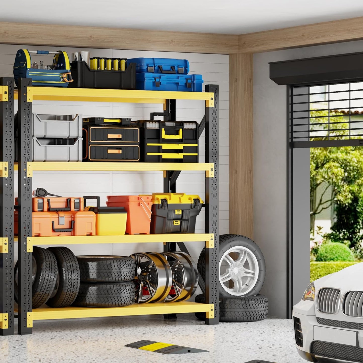 4000LBS Garage Shelving 48" W Garage Shelving Heavy Duty 4-Tier Metal Storage Shelves Adjustable Shelf Unit Storage Rack for Basement Supermarket Warehouse 48" W x 24" D x 78" H Yellow