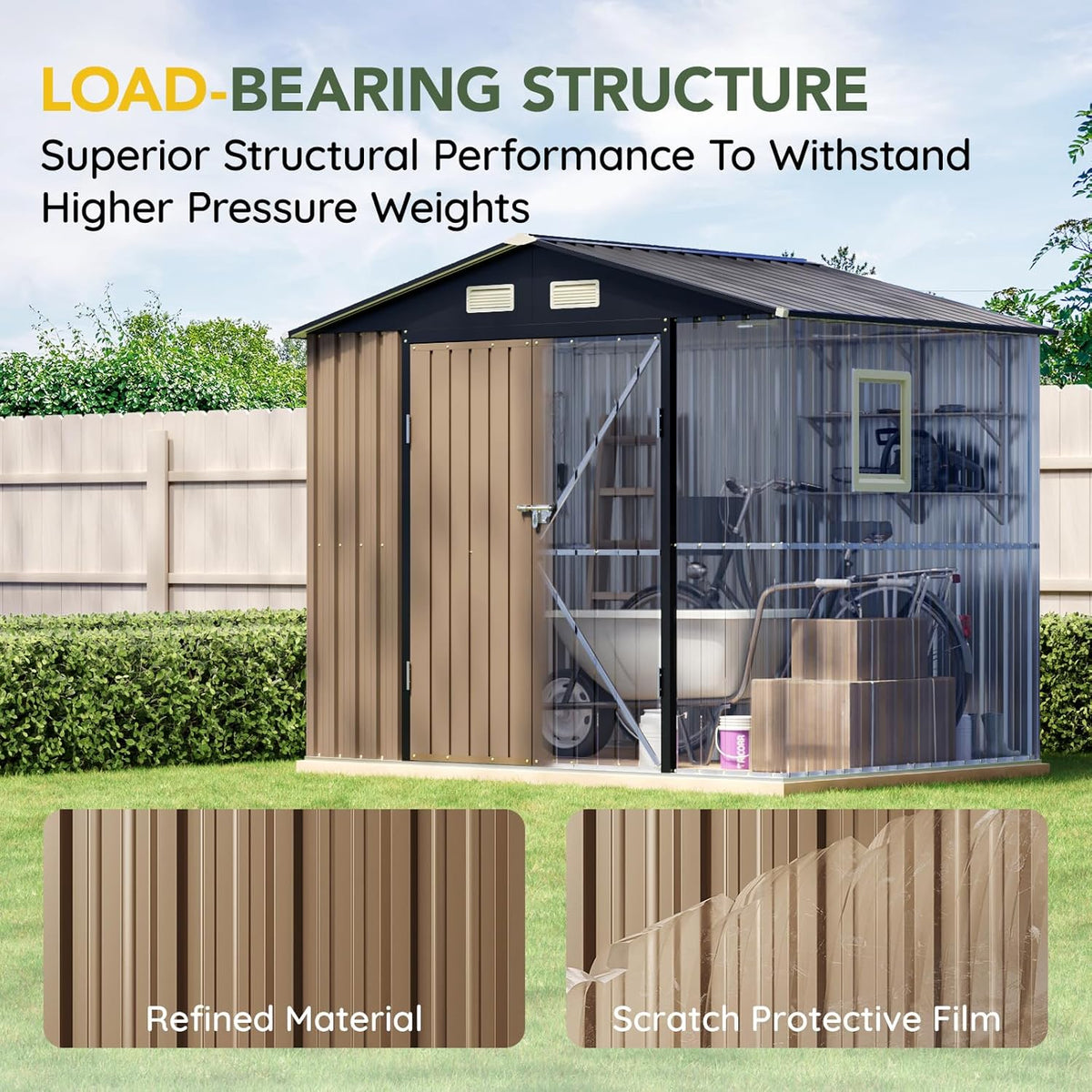 Breezz 6X8FT Outdoor Steel Storage Shed with Clear Window, Lockable Doors, Weather-Resistant Metal Tool Shed for Garden, Backyard, Patio, and Utility Storage.Brown