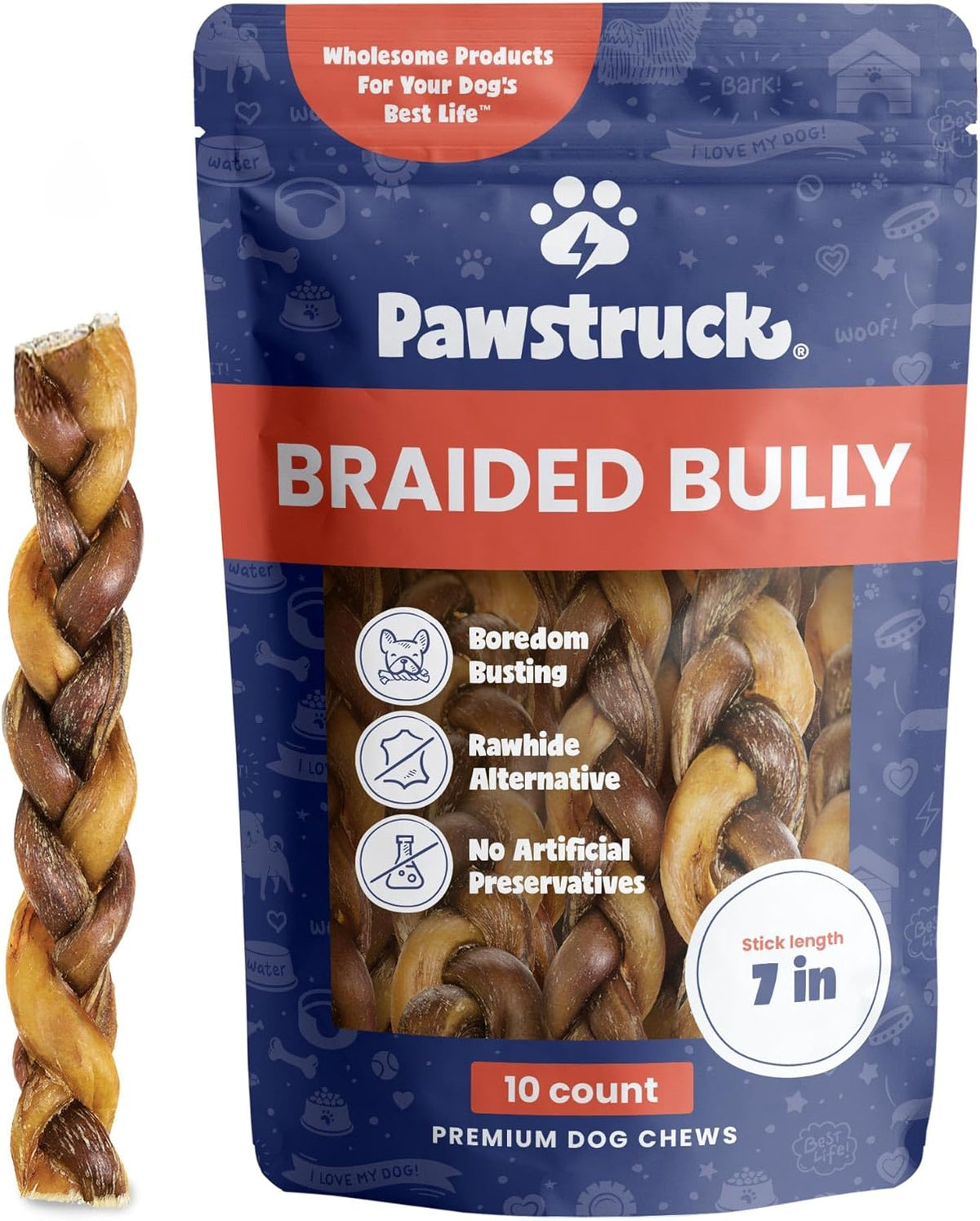 Pawstruck Natural 7” Braided Bully Sticks for Dogs, Tough Long-Lasting, Rawhide-Free, Low Odor, Healthy Single Ingredient Chew Treat for Aggressive Chewers, 10 Count, Packaging May Vary