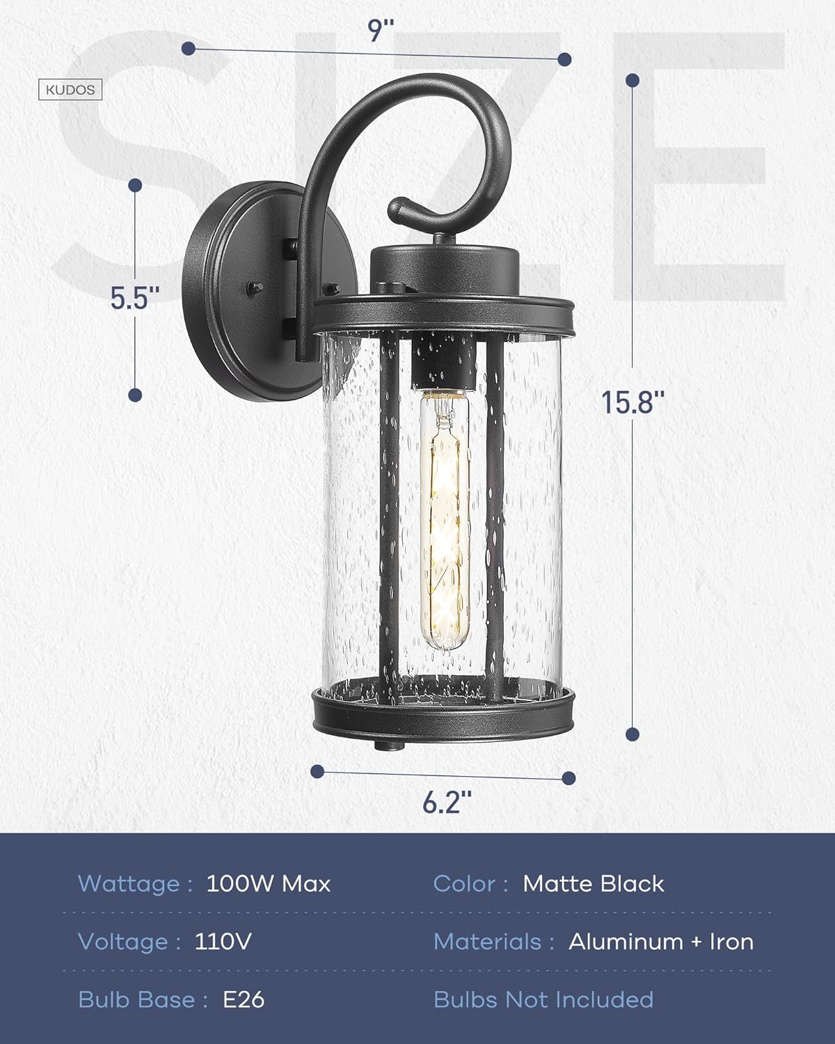 kudos Porch Lights Outdoor, 15.8 inch Large Cylinder Wall Light, E26 Sockets, Anti-Rust Waterproof Light Fixtures Wall Mount for Patio, Black with Seeded Glass, KDOWL01-BK-L