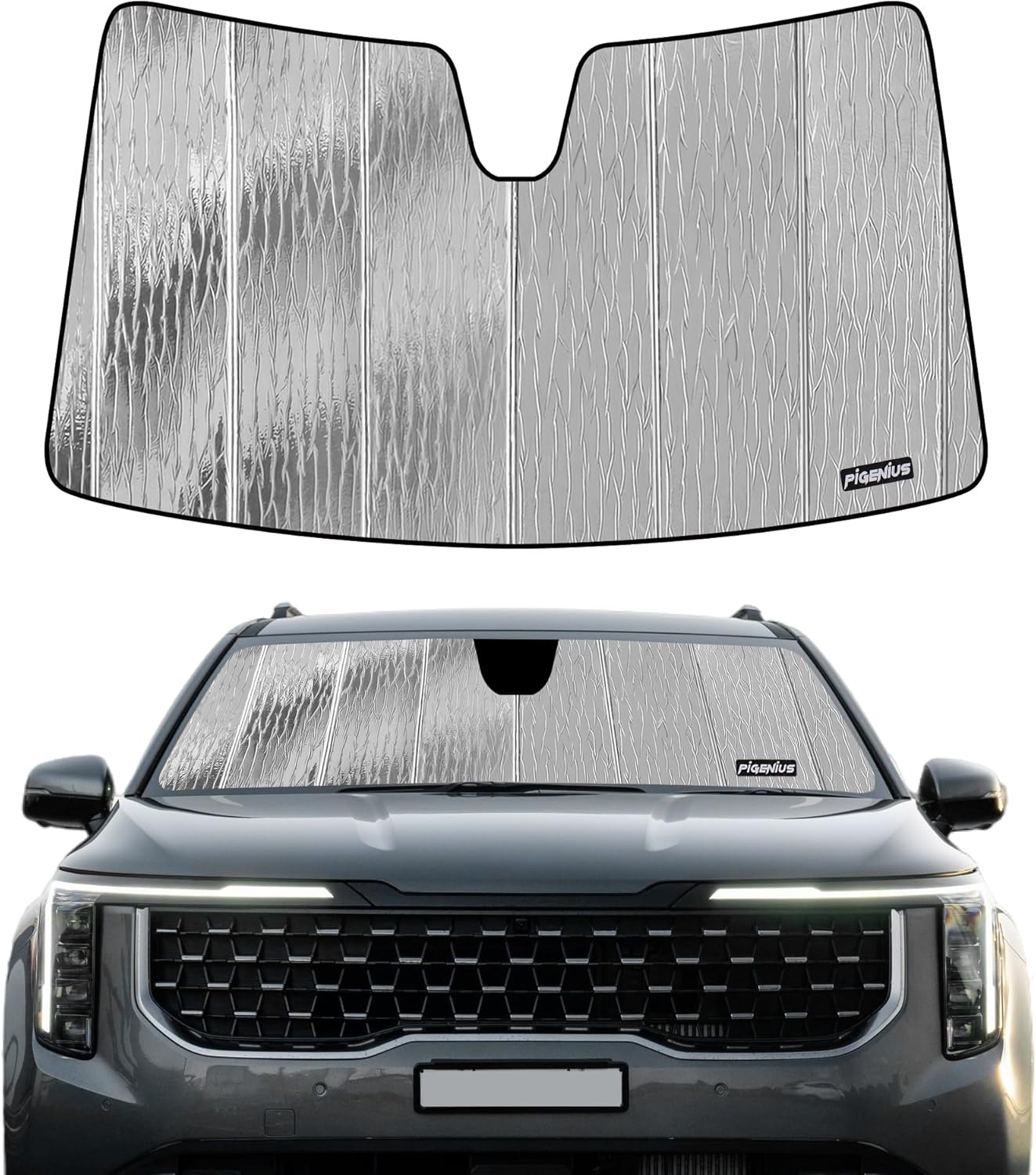 Windshield Sun Shade for Kia Carnival 2021-2025,Front Window Sunshade Shield, 2-in-1 Reflective Sun Shade,Silver for Summer, Black for Winter