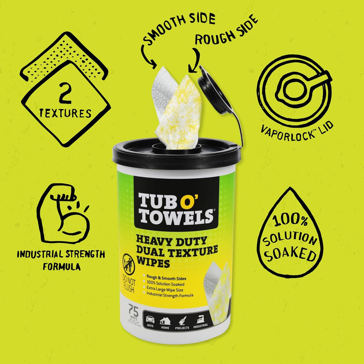 Tub O’ Towels TW75 Heavy-Duty 10" x 12" Size Multi-Surface Cleaning Wipes, Dual Texture, 75 Count Per Canister, 2 Pack