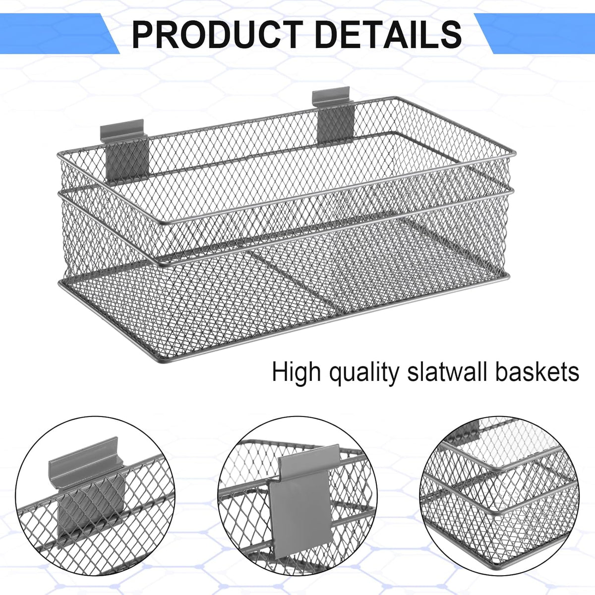 Barydat 4 Pcs Slatwall Basket Set Ventilated Metal Slatwall Basket Hanging Wire Bins Wall Mounted Accessories for Panel Garage Storage Display Organizing(Multi Size,Gray)