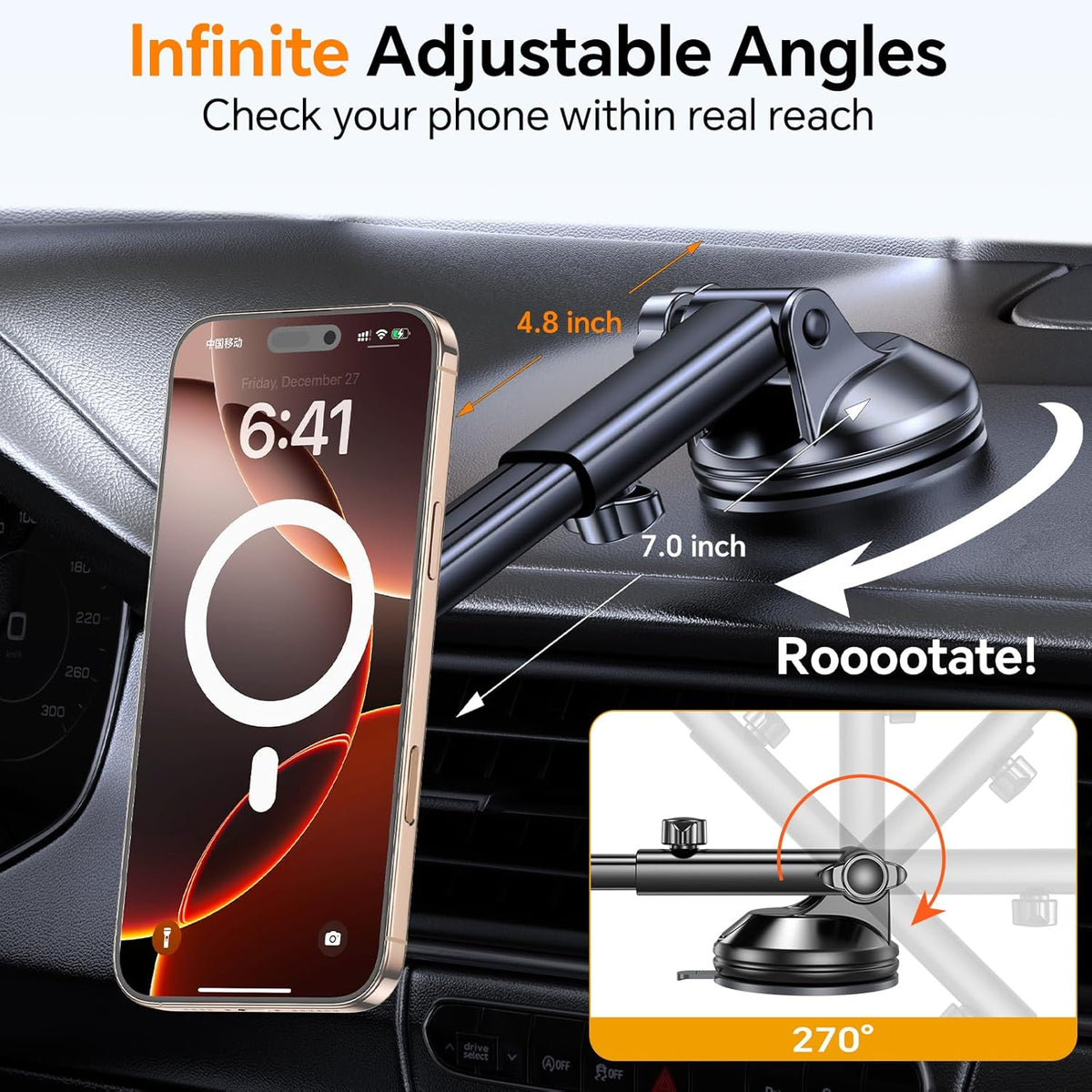 Coolpow for MagSafe Car Mount【Windshield+Vent+Dash】Magnetic Phone Holder for Car Phone Holder Mount Cell Phone Holders for Your Car Accessories Suction Cup Mount for Garmin GPS Fit iPhone 16 15 14 13