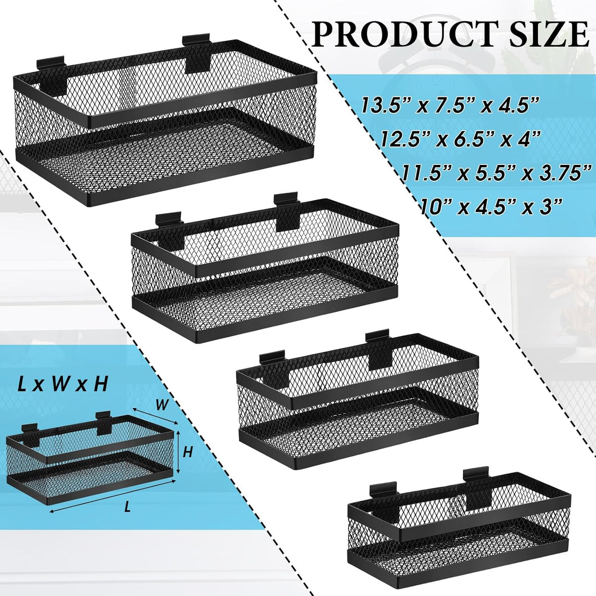 Coume 4 Pcs Black Slatwall Baskets 4 Size Metal Mesh Wire Basket for Slatwall Panels Ventilated Wall Mounted Hanging Accessories for Home Garage Retail Store Display Organizing(Mixed Size)