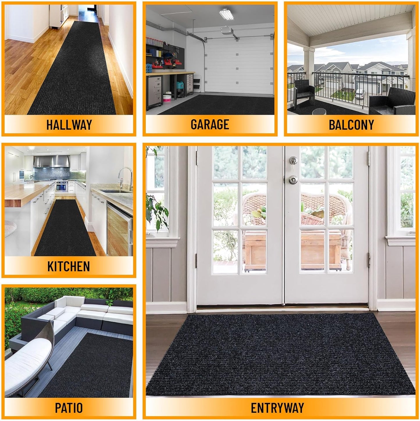 Ottomanson 6'6" x 12' Mud Mat Area Rug Scraper Carpet - Non-Slip, Dirt Trapping for Indoor & Outdoor Use - Ideal for Entryway, Garage, Kitchen, Patio & High-Traffic Areas, Black