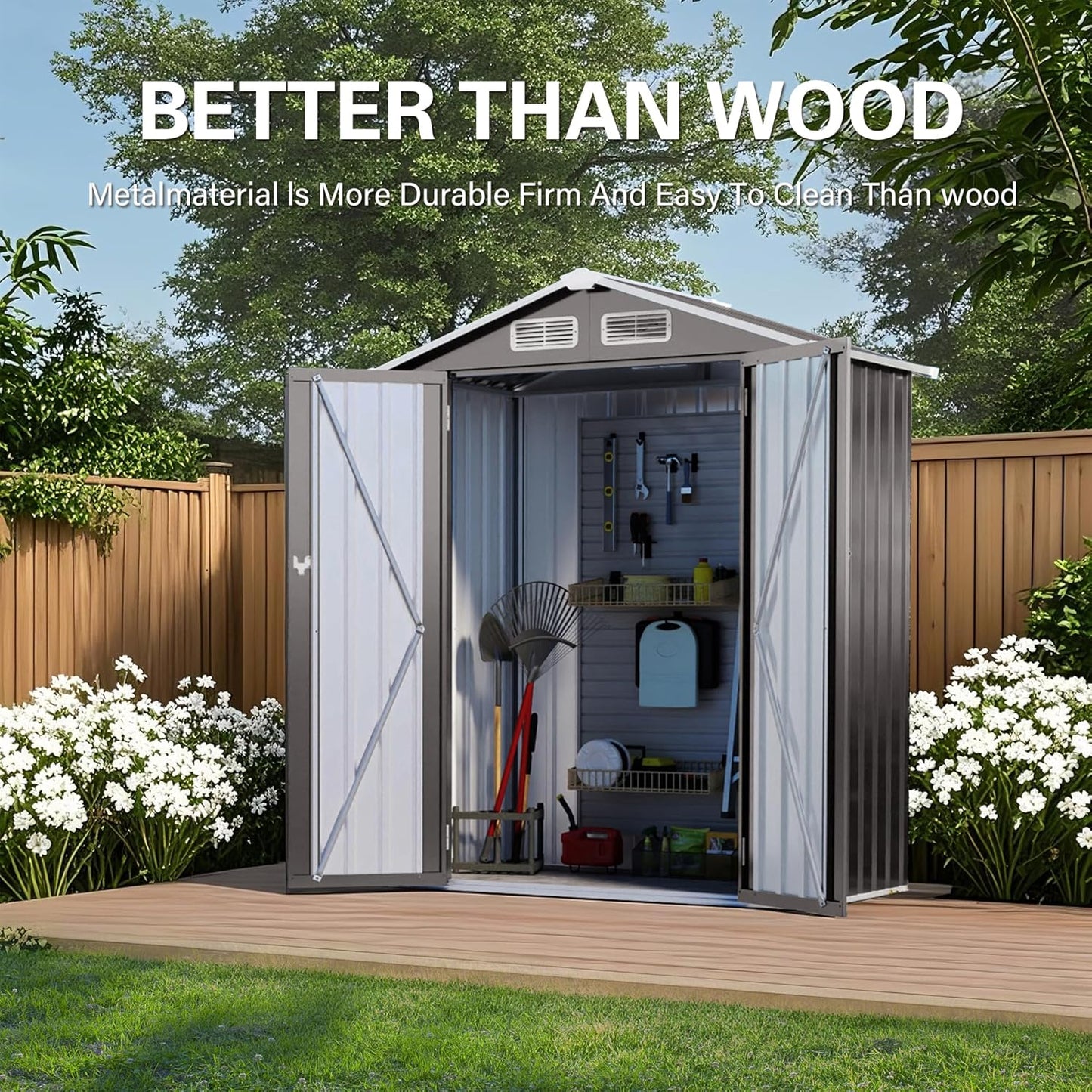IKERY 5X3 FT Metal Outdoor Storage Shed, Tool Shed with Pitched RoofWaterproof, Lockable DoorCompact Metal Tool Shed for Garden, Backyard, Patio, Everyday Sundries and Bike Storage, Gray