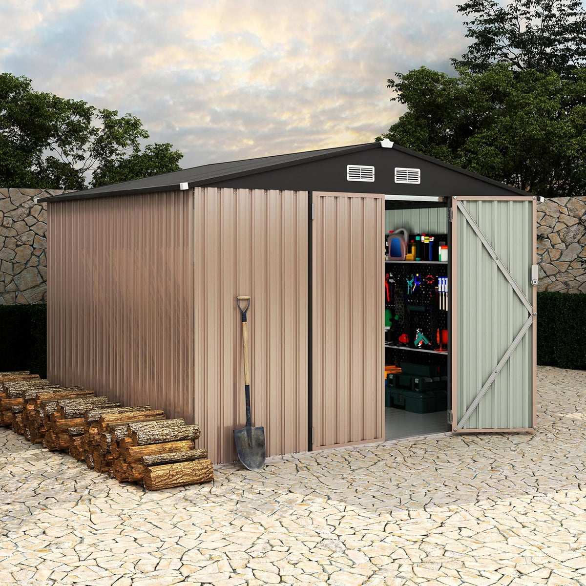 8x10x6.4 FT Outdoor Storage Sheds with Floor, Metal Garden Tool Shed for Backyard, Large Metal Sheds Outdoor Storage With Lockable Doors & Air Vents for Backyard Garden Patio Lawn