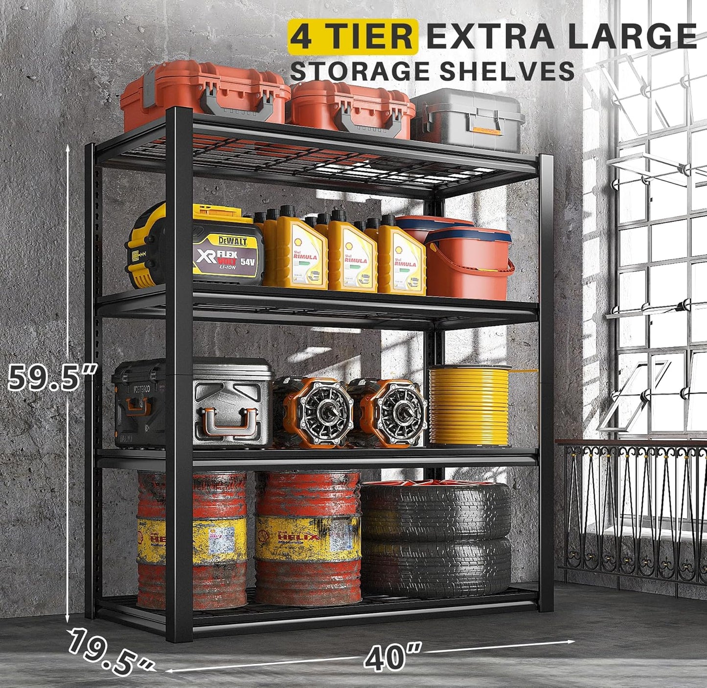 REIBII 40" W Garage Shelving 2240 LBS Storage Shelves Adjustable Metal Shelving Heavy Duty 4 Tier Metal Shelves for Storage Pantry Basement Warehouse 40" W × 19.5" D × 59.5" H, 2 Pack