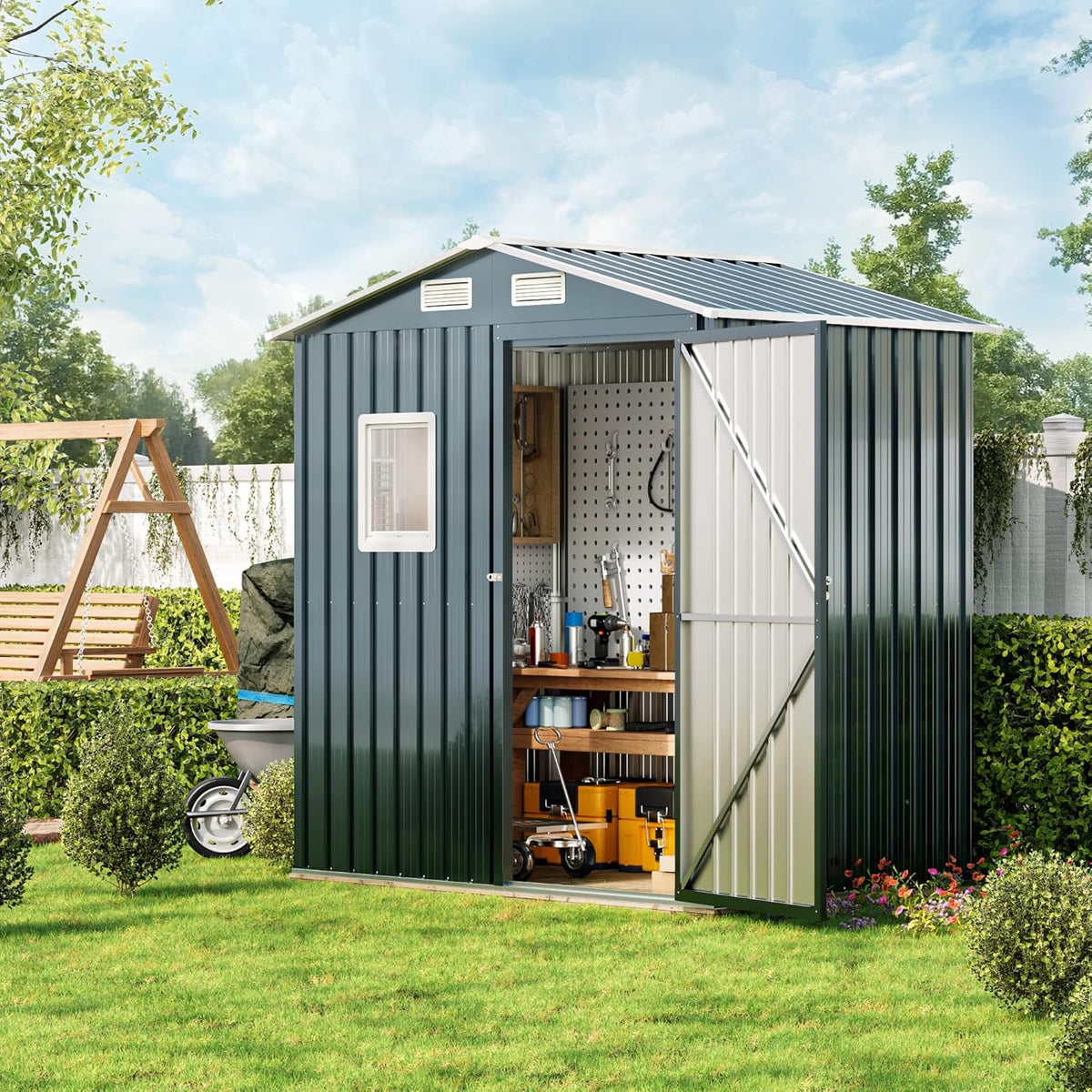 6X4X6.5 FT Compact Vertical Outdoor Steel Storage Shed with Lockable Doors, Ideal for Garden, Backyard, and Patio Utility and Small Tool Storage,Bike Shed, Garbage Can, Chicken Coop