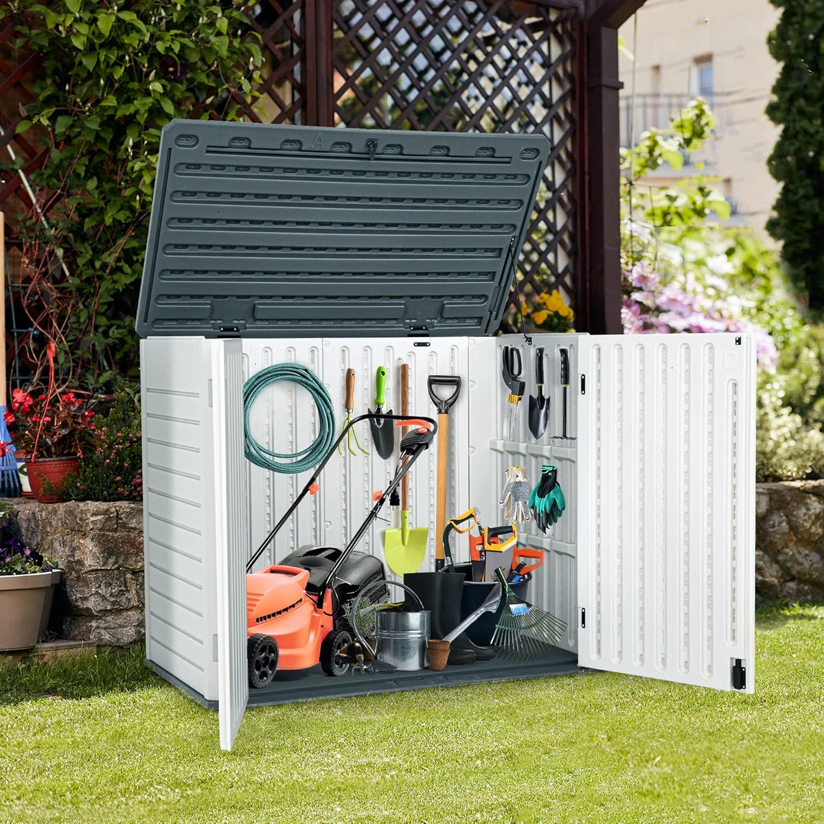 YITAHOME Outdoor Horizontal Storage Sheds w/o Shelf, 35 Cu Ft Lockable Resin Waterproof Shed, Ideal for Garden Tools, Easy to Assemble, Light Gray