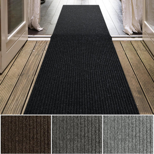 iCustomRug Spartan Weather Warrior Indoor/Outdoor Utility Ribbed Carpet Runner with Non-Slip Thermoplastic Rubber Backing, 28in X 26ft in Black
