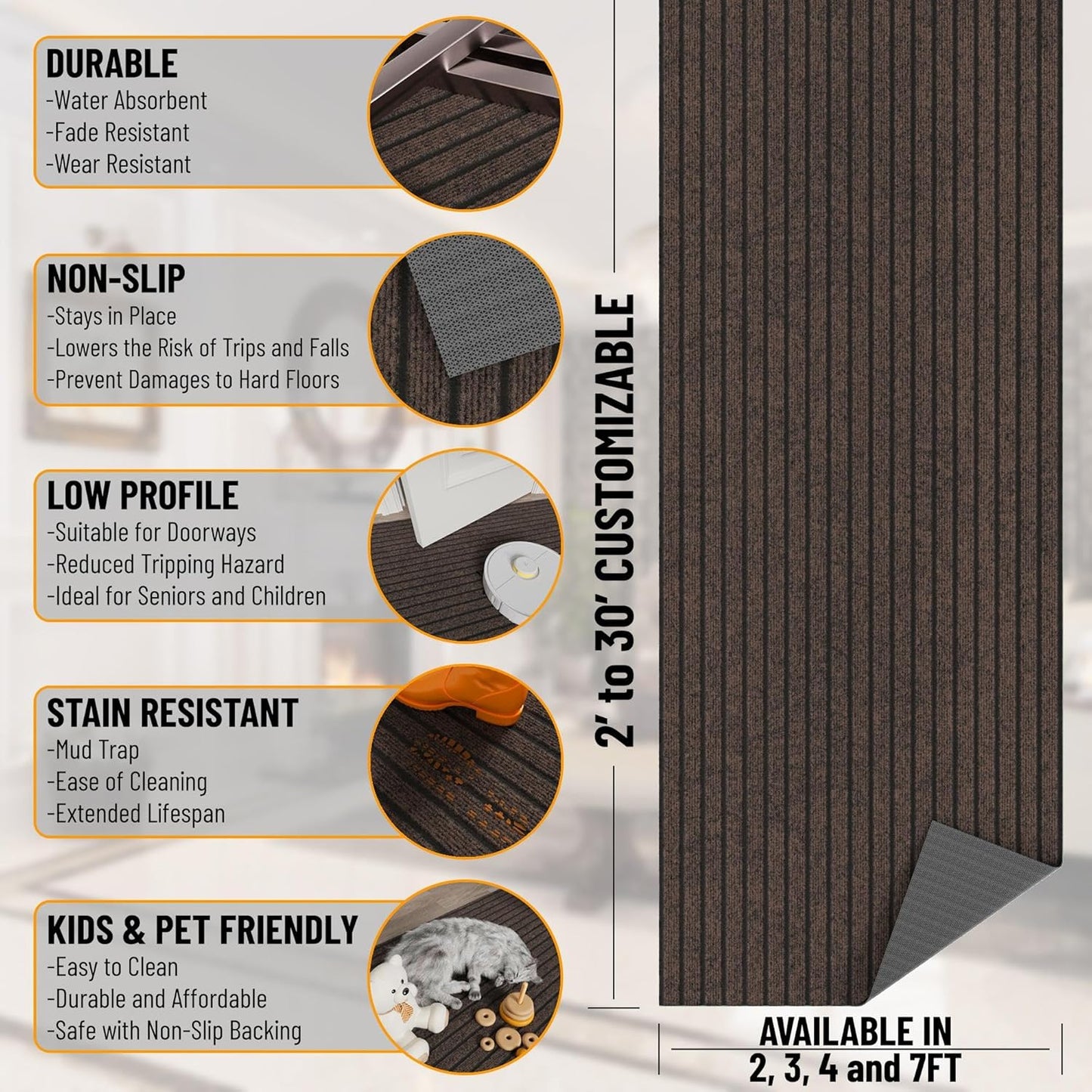 Ottomanson 2'7" x 22' Hallway Runner with Scraper Pile - Extra Durable Non-Slip Rug Mat for Indoor & Outdoor Use - Ideal for Kitchen, Entryway & Garage - High-Traffic Carpet, Brown
