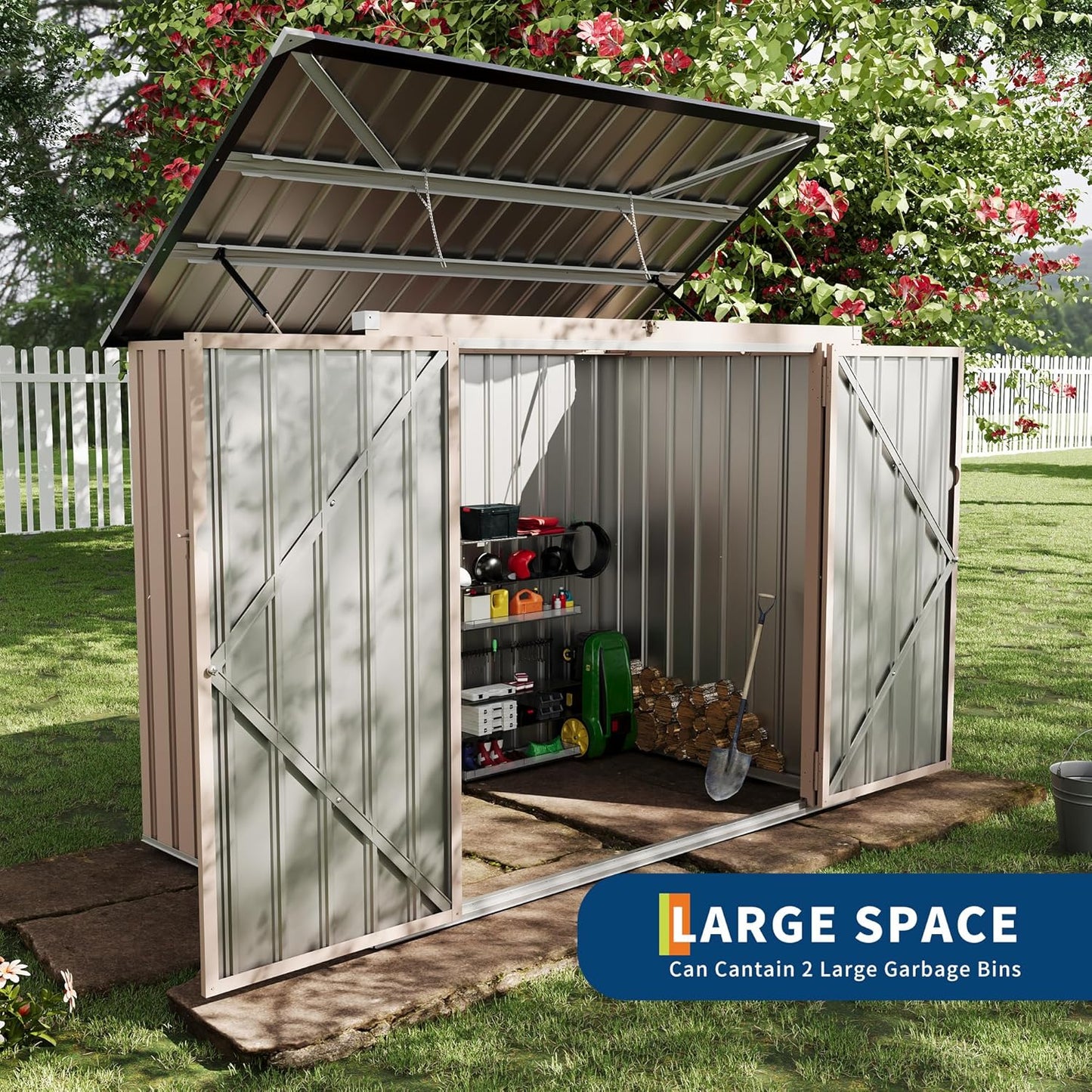 2 Trash Cans Metal Outdoor Storage, 3x6 FT Garbage Bin Storage Shed with Chain Lid, Garbage Can Metal Sheds for Garden, Backyard, Lawn and Patio
